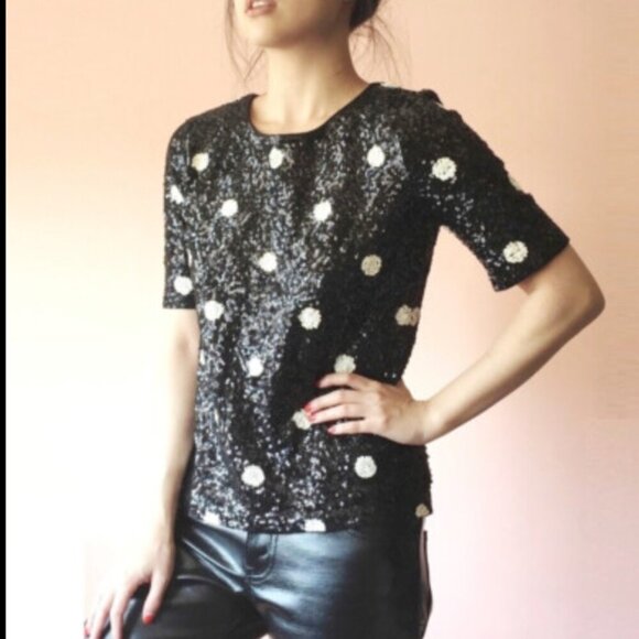 J. Crew Tops - J CREW 28614 Short Sleeve Sequin Embellished Top T-Shirt Polka Dot Tee Black M